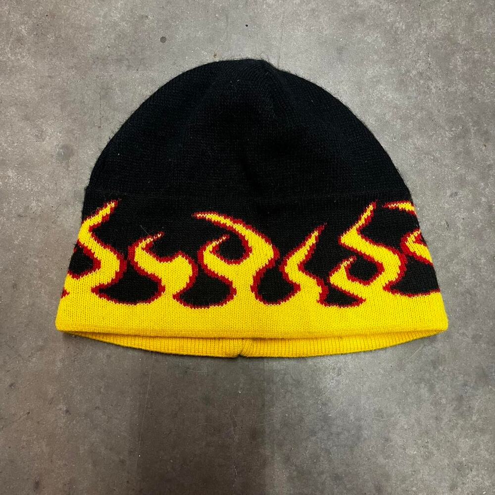 Y2K black West Coast choppers style flame beanie skater emo grunge
